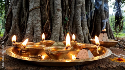 Oil Lamps Lit Around Large Banyan Tree Trunk Outdoors Natural Lighting