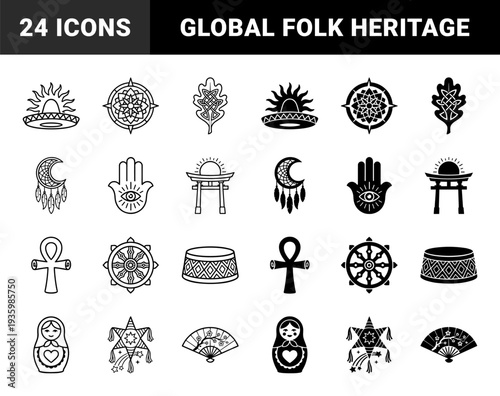 Collection of global cultural symbols and folk art heritage elements featuring hybrid spiritual motifs in both line and solid fill graphic styles