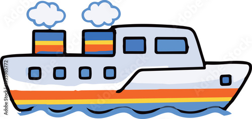 Cute cartoon passenger ship sailing on water with colorful stripes and smoke coming from the chimneys.