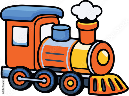 Colorful cartoon steam locomotive train with smoke coming from the chimney in a playful children’s illustration style