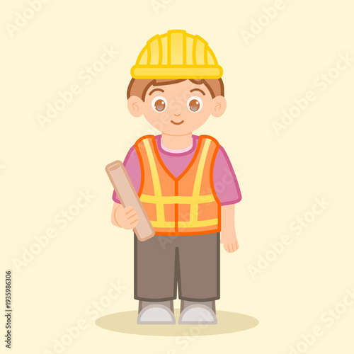 Cartoon construction worker child holding rolled paper and wearing safety helmet. Suitable for construction themes, educational visuals, labor day posters, and kids learning materials.