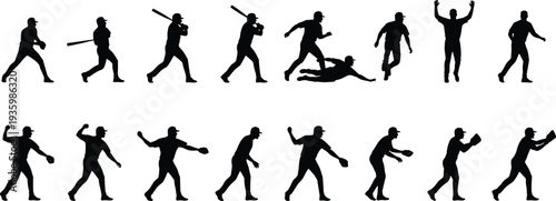 Baseball silhouettes, batter swing, pitcher throw, fielder catch, sliding base, running athlete, celebration pose, sports activity, dynamic motion, competitive game, training