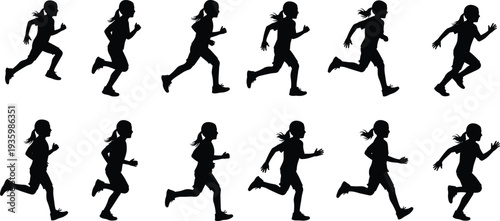 Child running silhouettes, twelve stride sequence, ponytail motion, athletic kids, biomechanics study, sports science, fitness activity, dynamic energy, exercise, animation frames