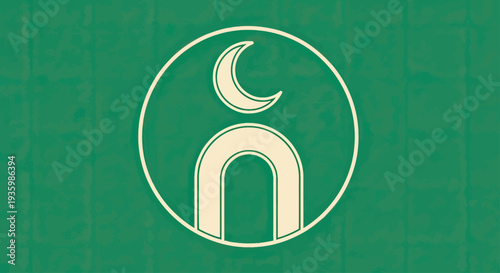 Abstract Crescent Moon and Arch Symbol on Green Textured Background
