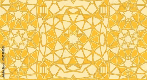 Islamic Geometric Pattern with Lanterns - Yellow and Cream Background