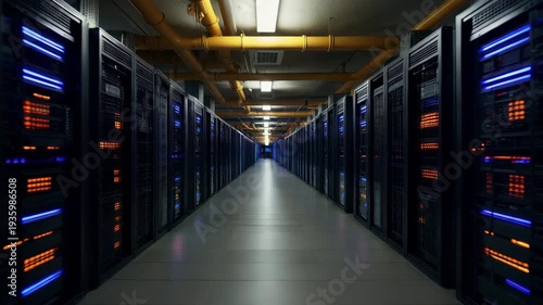 A long corridor in a data center with rows of computer servers and illuminated lights