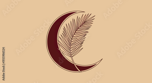 Crescent moon and palm frond silhouette on beige background
