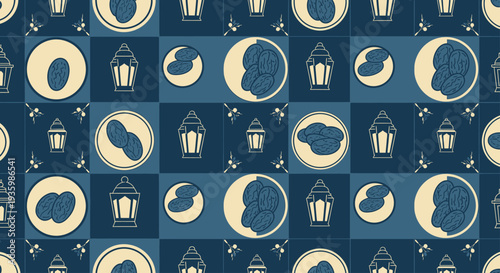 Ramadan pattern with dates and lanterns, Islamic crescent moon symbol, seamless background