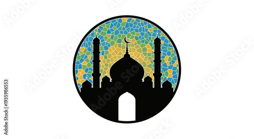 Islamic Mosque Silhouette with Colorful Mosaic Circle