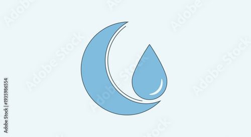 Abstract Blue Crescent Moon and Water Droplet Symbol on Light Blue Background