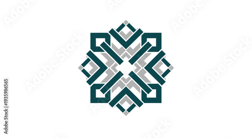 Geometric Islamic Pattern, Teal and Grey Interlocking Shapes, White Background