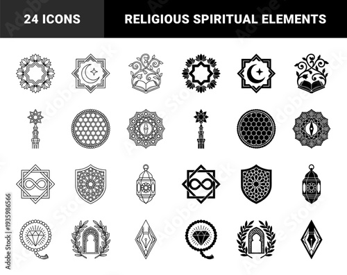 Islamic spiritual hybrid symbols featuring geometric crescent moon stars lotus flowers prayer beads and mosque architecture in linear and solid styles