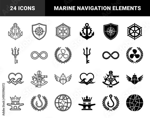 Marine nautical hybrid symbol set featuring anchors merged with gear wheels trident keys rope infinity loops and winged ship vessels in linear and solid styles