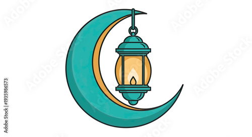 Islamic crescent moon with hanging lantern, Ramadan symbol, isolated on white background