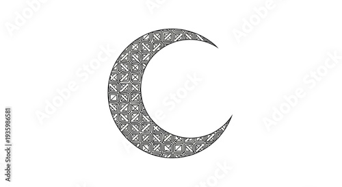 Crescent moon with intricate geometric pattern on white background