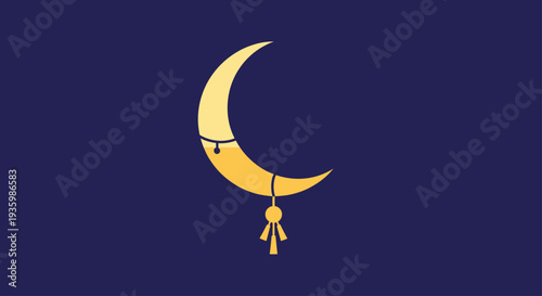 Golden Crescent Moon with Tassel, Dark Blue Background, Celestial Decoration