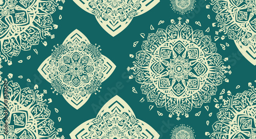 Teal and Cream Mandala Pattern Seamless Textile Design
