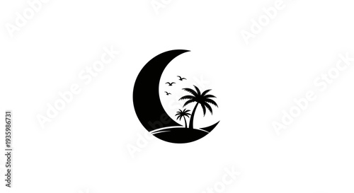 Crescent moon over tropical island with palm trees and birds silhouette