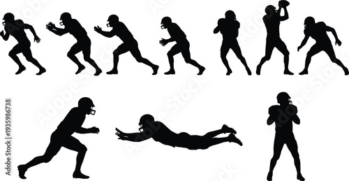 American football player silhouettes, dynamic sports action poses, running, catching, throwing, diving, athletic motion, helmet uniform, competitive game illustration