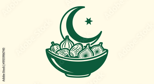 Bowl of Dates and Figs with Crescent Moon and Star - Islamic Symbol
