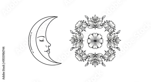 Bohemian Crescent Moon Face and Floral Mandala Line Art Drawing