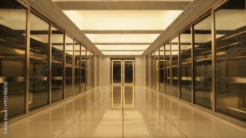 Modern office hallway with glass walls and shiny floor interior design