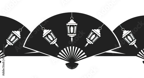 Ramadan Lanterns and Decorative Fan Border - Islamic Celebration Graphic