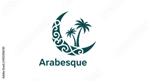 Arabesque logo with crescent moon, palm trees, and swirling patterns