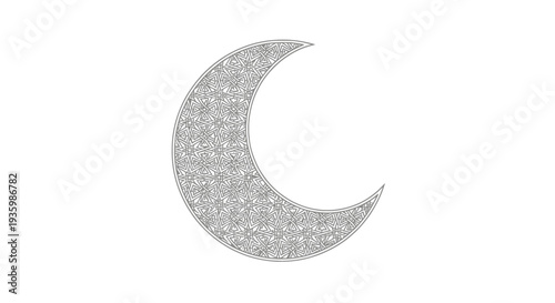 Intricate Crescent Moon with Floral Pattern, Outline Design, Isolated on White