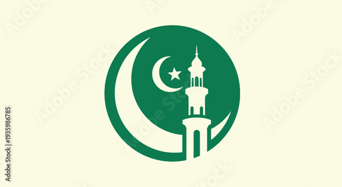 Islamic crescent moon and star with minaret on green circle