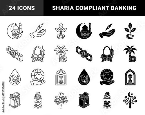 Islamic finance and ethical banking hybrid symbols merging traditional religious elements like crescent moon and mosque with financial growth and charity concepts