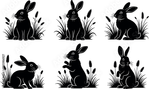Easter bunny silhouettes in grass illustrations for easter decorations and holiday cards