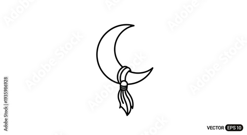 Crescent moon with tassel icon, simple line art, vector graphic