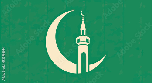 Islamic Crescent Moon and Minaret Icon on Green Textured Background