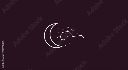Celestial Crescent Moon and Constellation on Dark Purple Background