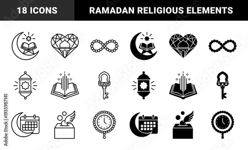 Islamic spiritual hybrid symbols merging traditional motifs with modern geometry featuring crescent moon book heart mosque lantern and infinity prayer beads