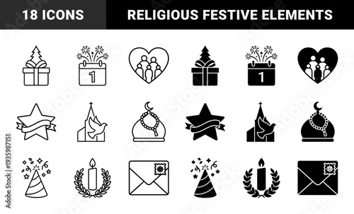 Hybrid celebration symbols merging religious and festive imagery with dual outline and solid styles featuring mosque moon gift and holiday elements