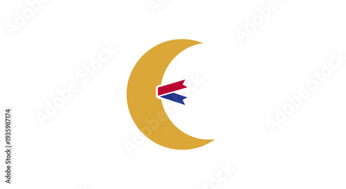 Golden Crescent Moon with Red and Blue Ribbons on White Background