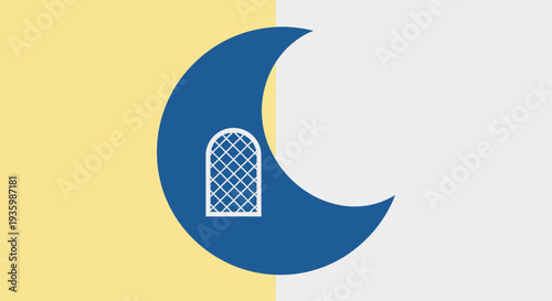Crescent moon with window graphic on split yellow and grey background