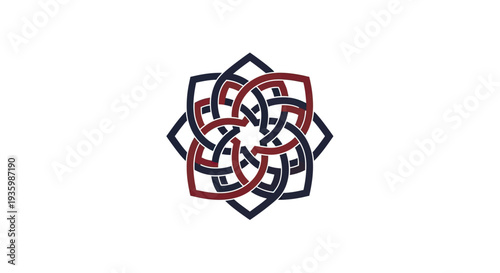 Abstract geometric floral knot pattern, navy blue and maroon on white background