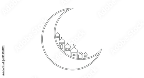 Crescent Moon with Islamic Mosques Silhouette Vector Icon
