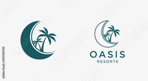 Oasis Resorts Logo Design: Moon, Palm Trees, Crescent, Tropical Vacation