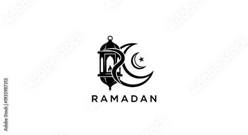 Ramadan lantern and crescent moon logo with star on white background