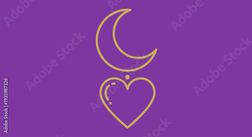 Golden crescent moon and heart pendant on purple background, celestial love symbol
