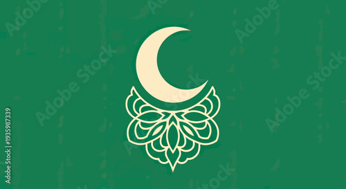Crescent Moon and Mandala Design on Green Textured Background