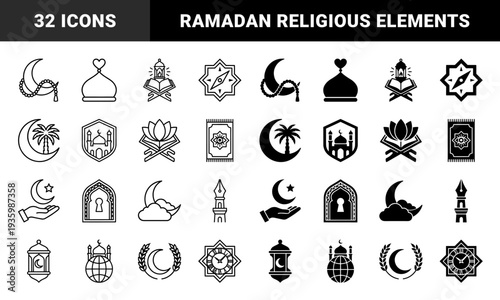 Islamic religious symbols featuring hybrid creative combinations of crescent moon with prayer beads mosque dome lantern and koran in dual outline and solid style
