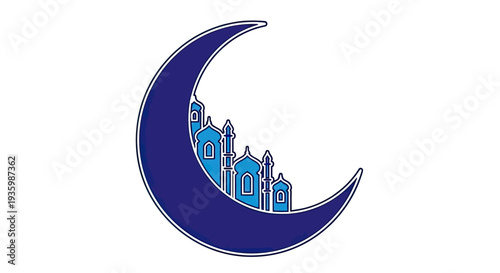 Islamic Crescent Moon with Mosque Silhouette - Ramadan and Eid Celebration