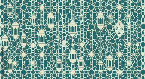 Islamic Geometric Pattern with Ramadan Lanterns - Teal and Cream