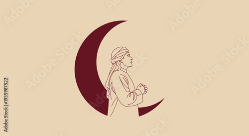 Muslim Woman Praying Under Crescent Moon, Islamic Culture, Spirituality, Faith