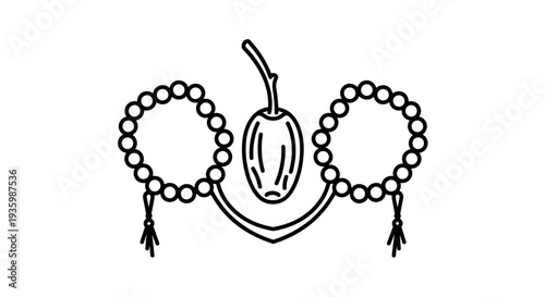 Islamic prayer beads (tasbih) and a date fruit, simple line drawing icon